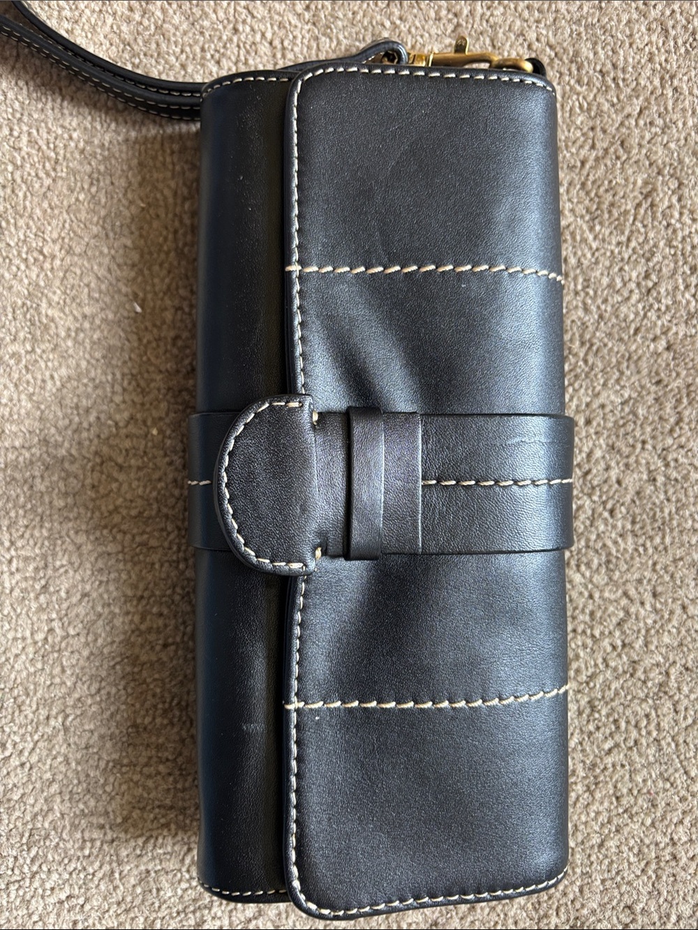 Black Leather Wristlet Clutch with Cream Contrast Stitching